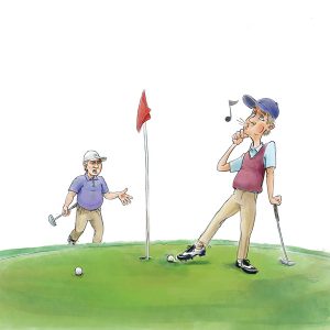Golfer nudging ball into hole