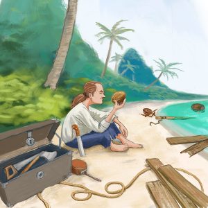 Hero inspecting coconut on the beach