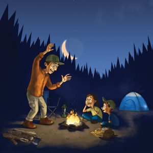 Illustration of man telling campfire stories to his children