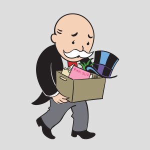 Illustration of the Monopoly Man carrying a box of possessions