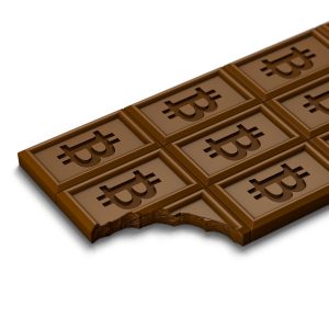 A rendering of a chocolate bar with Bitcoin symbols and a bite taken out