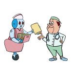 A robot giving a file to a doctor