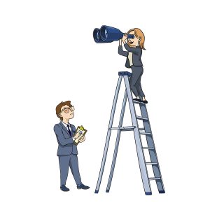 Businessperson on ladder with binoculars, another businessperson taking notes on the ground