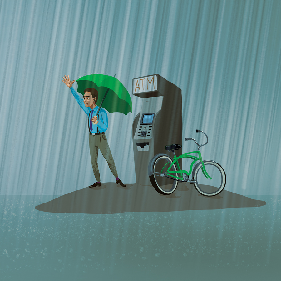 Man at ATM during flood