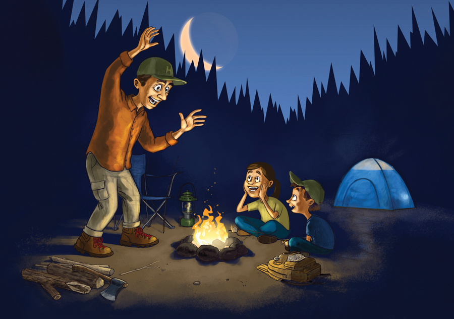 Illustration of man telling campfire stories to his children