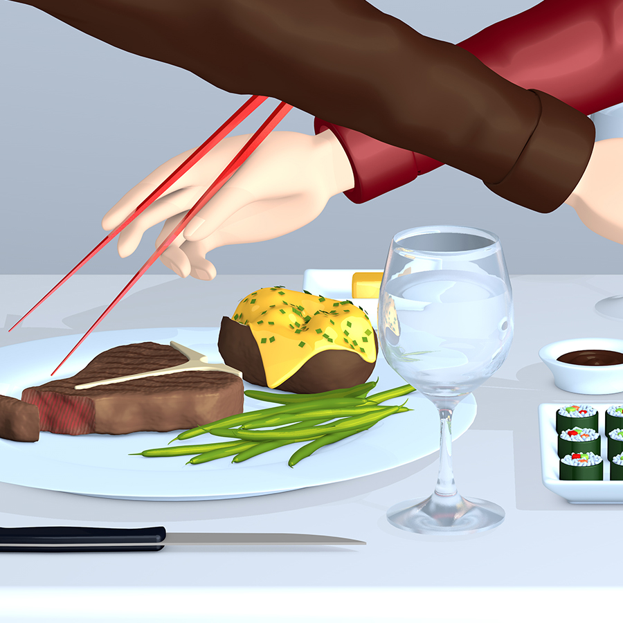 Digital Illustration of sharing a meal of sushi and steak