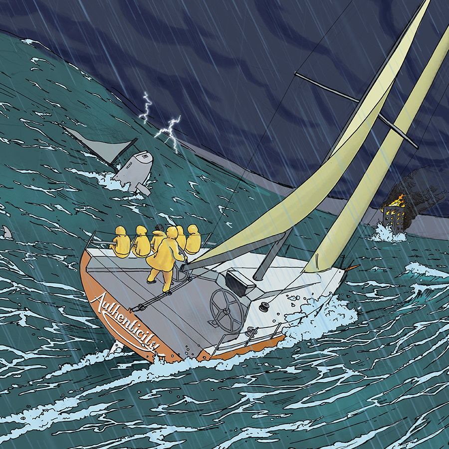 Illustration of sailboat navigating rough waters