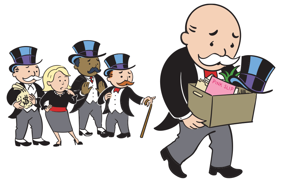 Illustration of the Monopoly Man walking away from his peers carrying a box full of possessions
