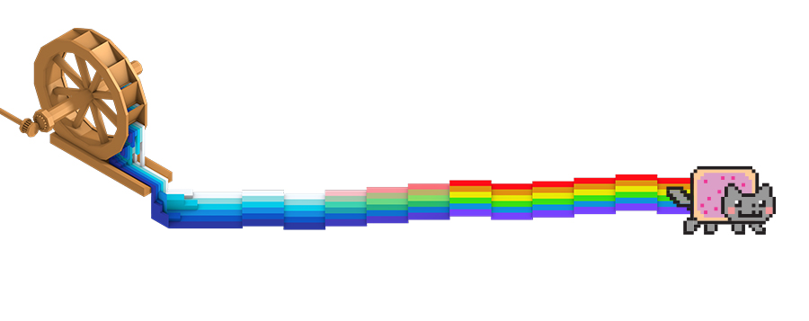 Low-pixel rendering of a water wheel flowing into Nyan Cat