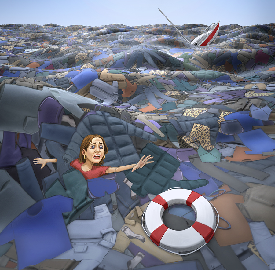Woman in a sea of clothing reaching for a lifesaver buoy