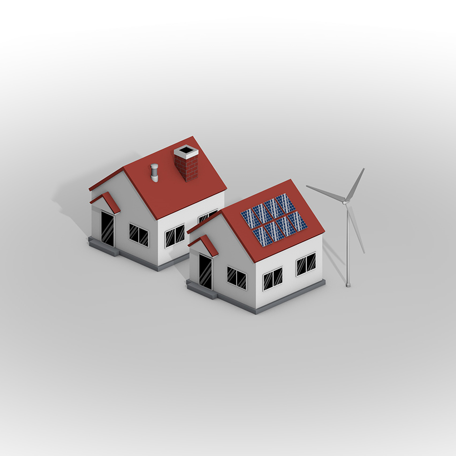 Illustration of two houses, one with a chimney and the other with solar panels and a windmill